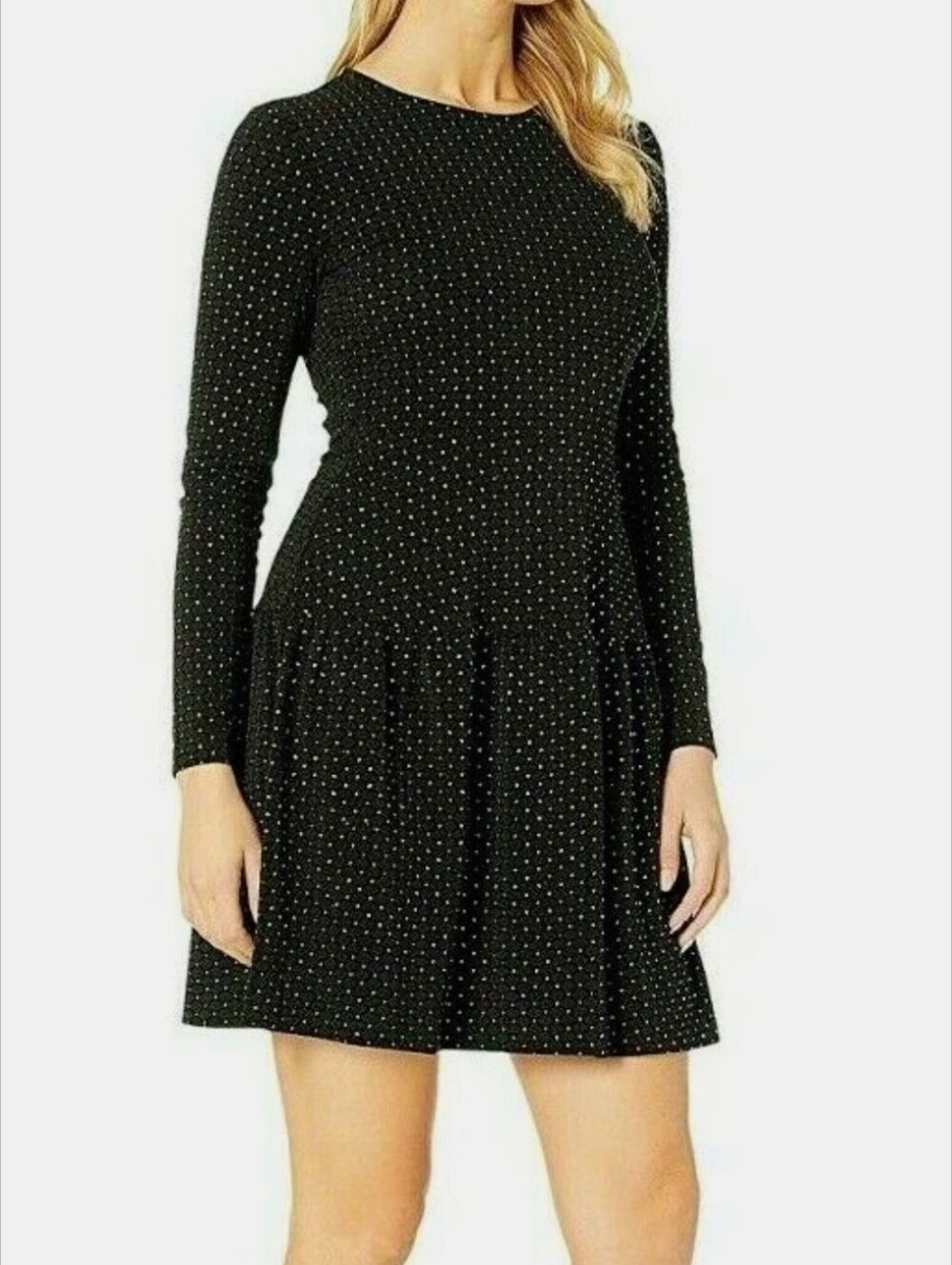 Women’s Black Long-Sleeve Polka Dot Skater Dress